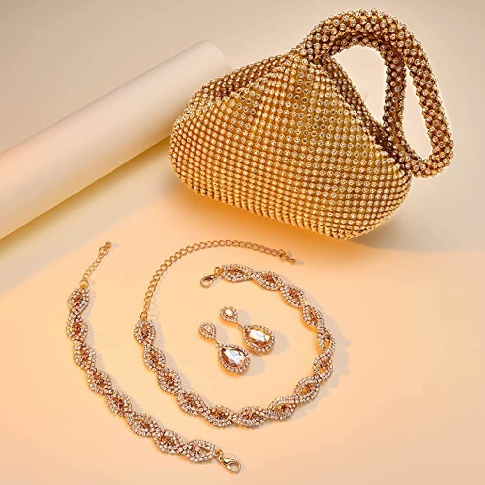 Gold & Crystal Necklace Set Cubic Rhinestone Necklace Bracelet Earrings Handbag